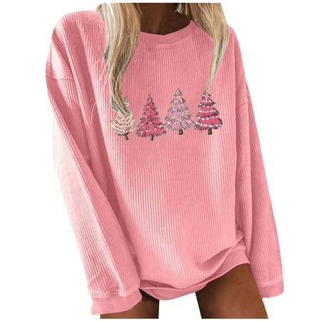 Qiuju Women Christmas Button Down Shirts for Women  Christmas Top Pullover  Women s Tree Print Crew Neck Long Sleeve Top Pink