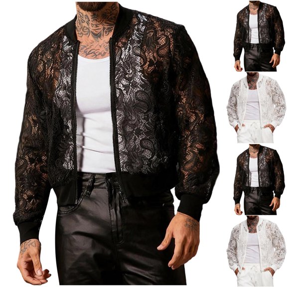 RYDCOT Men's Sheer Floral Lace Bomber Jackets Long Sleeve See Through Stand up Collar Coats Zip up Outerwear White