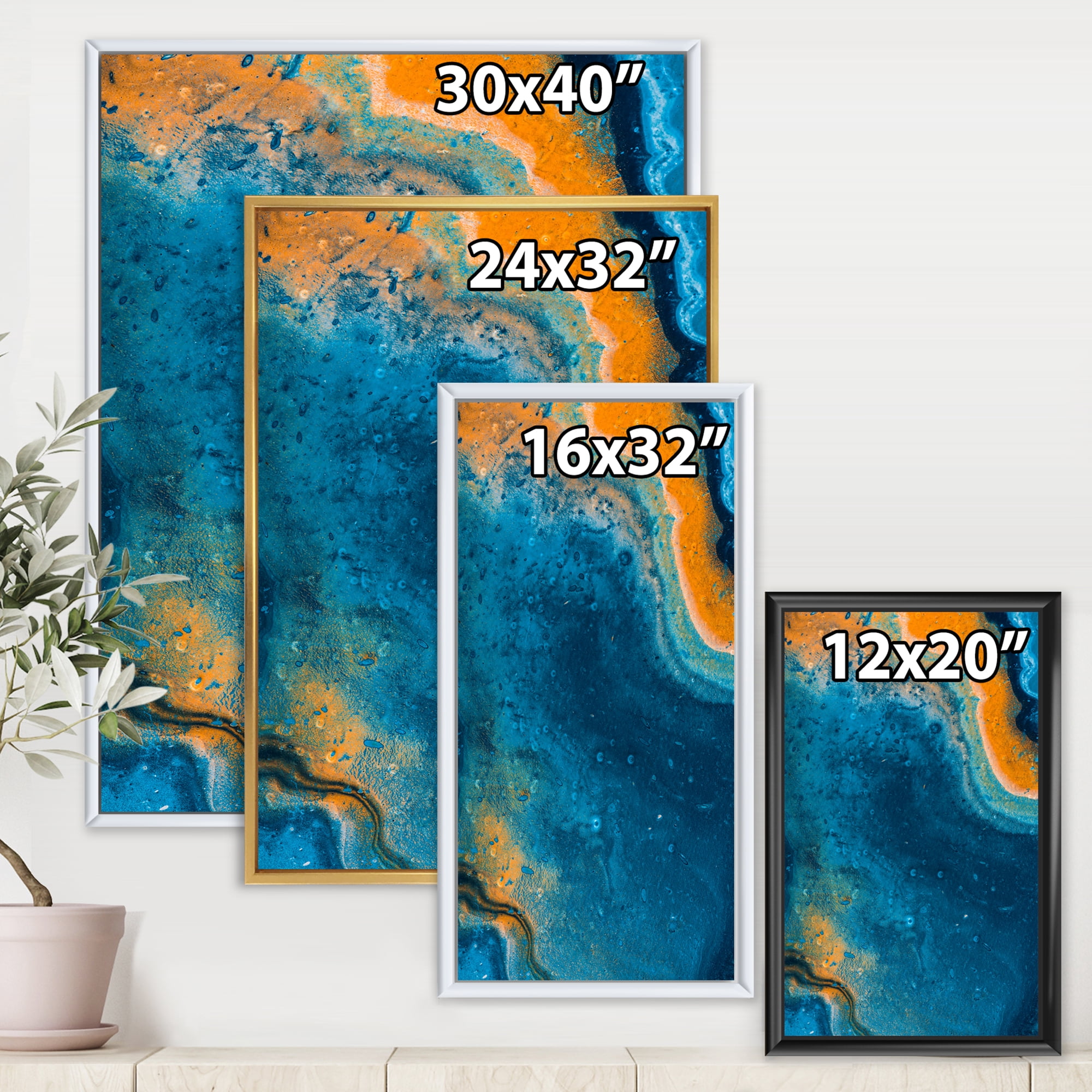 Abstract Marble Composition In Orange and Blue V 24 in x 32 in Framed Painting Canvas Art Print, by Designart