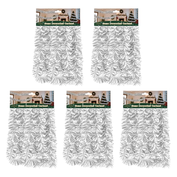 5PK 10FT Christmas Tinsel Garland Shiny Metallic Tinsel Twist Garland Streamers Ornaments Long Glitter Christmas Tree Hanging Decorations for Party Holiday Wedding Birthday,Silver White