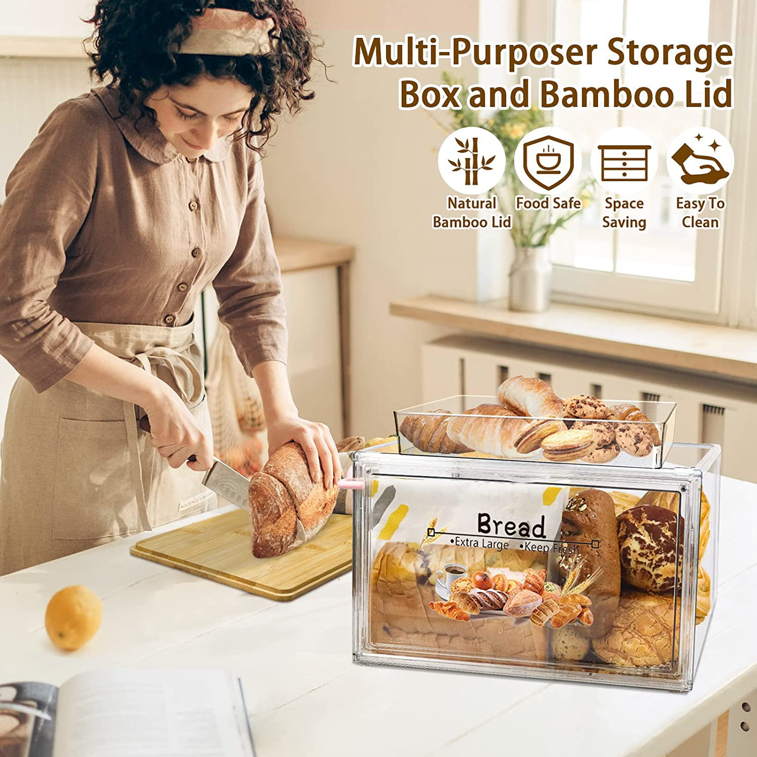 Large Bread Box Stackable Double Layer Bread Storage Container