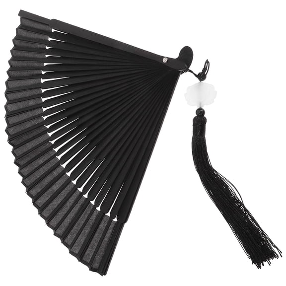 WEUVEB Retro Style Black Folding Fan with Large Tassel Handheld Fan for Performance and Photography