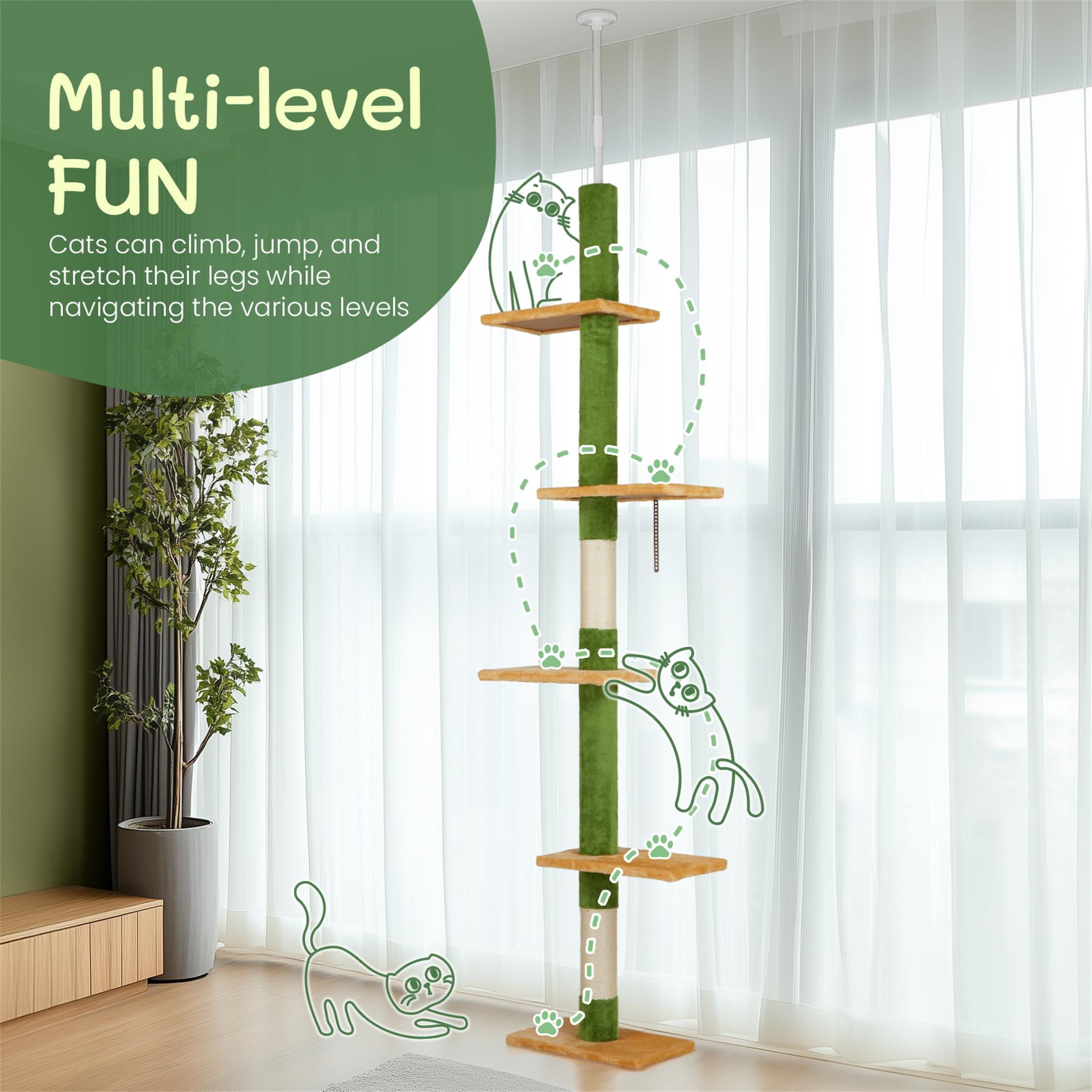 Kadyn Cat Tree, Cactus Floor to Ceiling Cat Tower with Adjustable Height (90"-106"), 5 Level Cat Climbing Tower with Cozy Platforms and Dangling Balls for Indoor Cats, Green