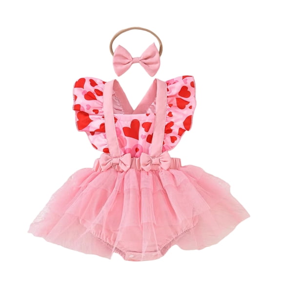 Staki Newborn Valentines Outfit Girl Baby Girl Valentine's Day Outfit Newborn Smocked Romper Dress Spaghetti Straps Tutu Bodysuit Baby Outfits 0-18M(Pink,3-6 Months)