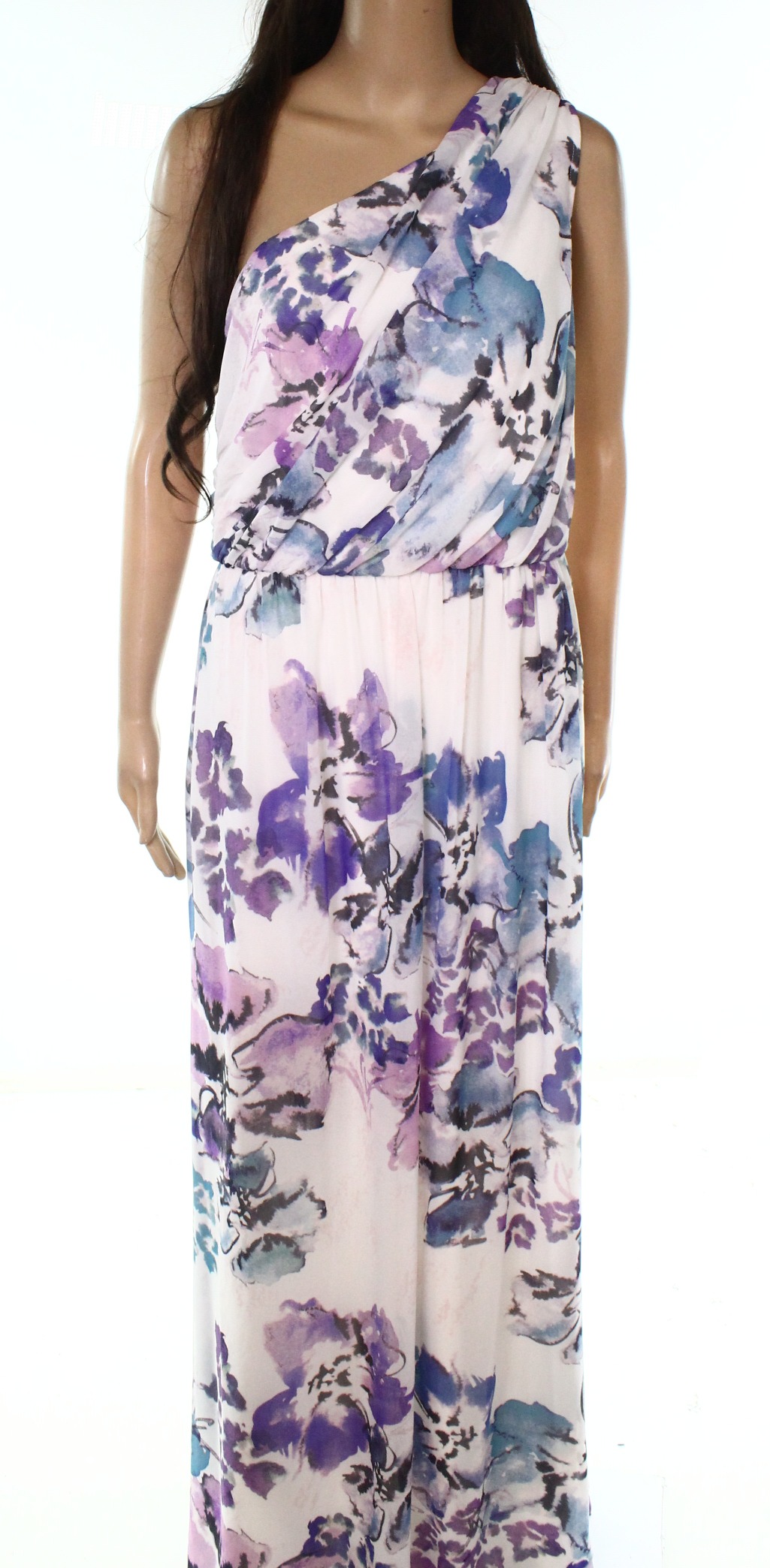 white maxi dress with purple flowers