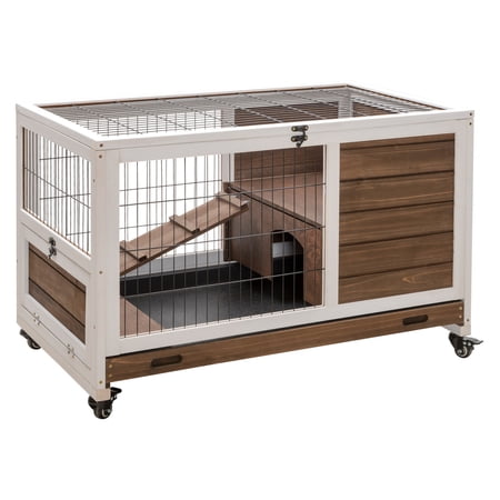Indoor Rabbit Cage with Wheels, Bunny House Small Animal Hutch with Pull Out Tray & Ramp, 35.5" x 21" x 23", Brown