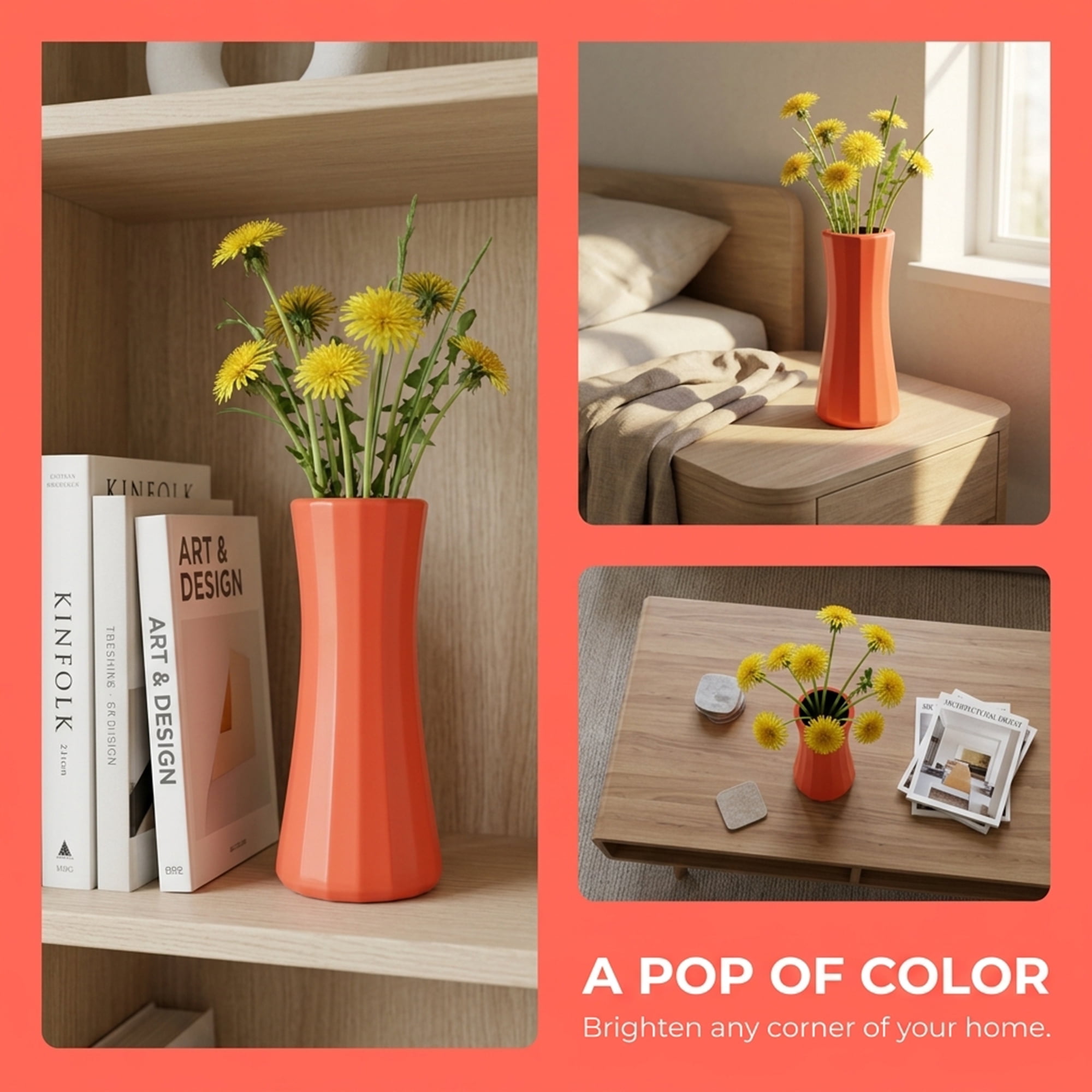 Unique Bargains Modern Geometric Minimalist Decorative Centerpiece Flower Vase Orange 3.5"x3.5"x8.3"