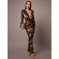 thumbnail image 4 of Black & Gold Metallic Deep V-Neck Long Sleeve Bodycon Dress For Evening Cocktail Party, 4 of 7