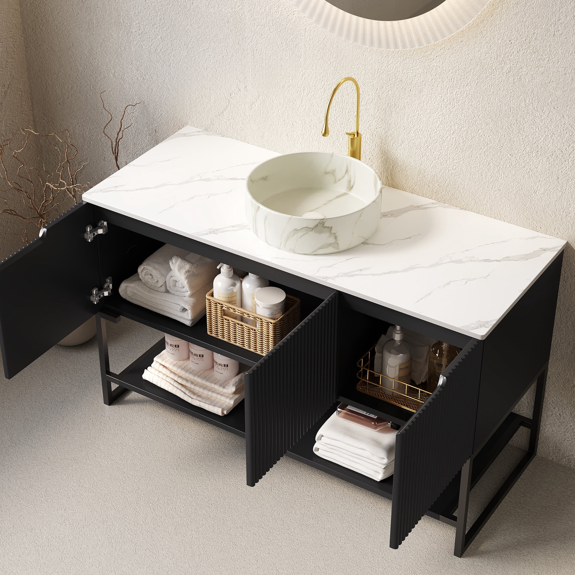 Noble House Tulio 48" Freestanding Bathroom Vanity with Sintered Stone Countertop, Stone Round Ceramic Basin, Black