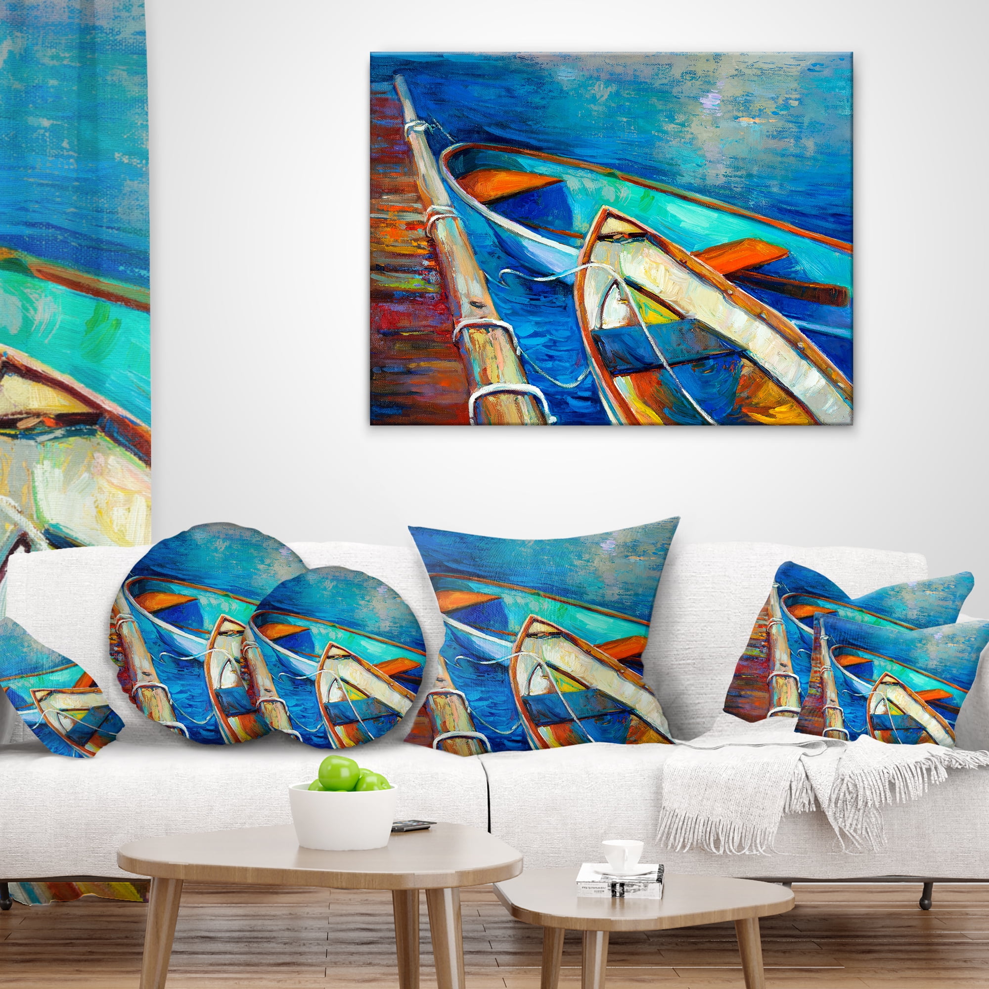 Designart Boats and Pier in Blue Shade - Seascape Throw Pillow - 12x20