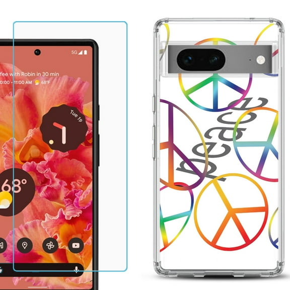 Slim-Fit Gel TPU Phone Case for Google Pixel 7, with Tempered Glass Screen Protector, by OneToughShield ® - Colorful Peace
