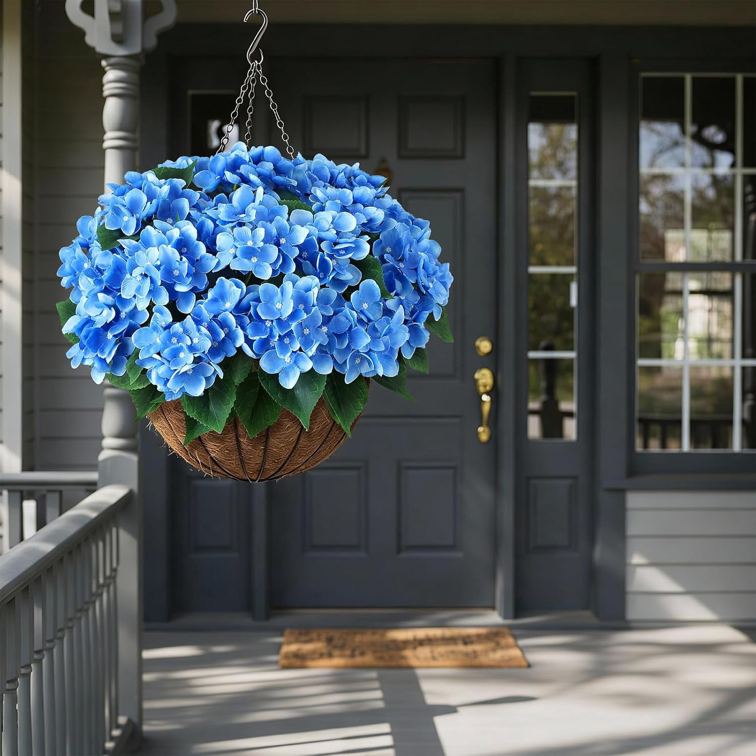 8 Bundles Artificial Hydrangea Flowers for Outdoor Decor, Realistic Faux Silk Bouquets Sun-Resistant Fake Plants for Front Door Balcony Farmhouse Garden Home Spring Summer Decor (Blue)