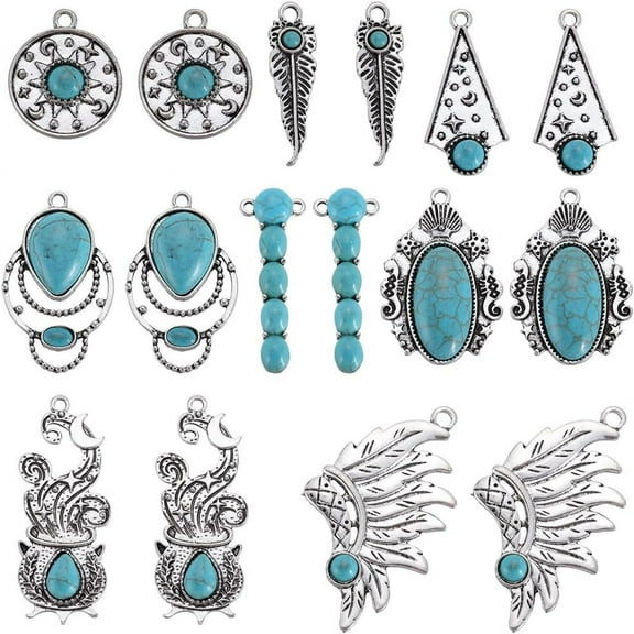 1 BOX 16Pcs 8 Styles Synthetic Turquoise Charms Bulk Western Charms Bohemian Tibetan Style Silver Lucky Stone Alloy Large Vintage Charms for Jewelry Making Charms Bracelet Necklace Beginners DIY