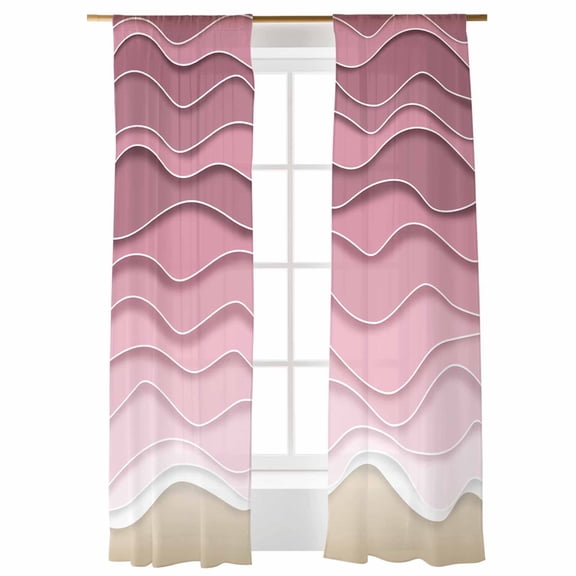 Sheer Curtains 96 inches Long, Abstract Pink Brown Gradient Ocean Waves Sandy Beach Light Filtering Sheer Window Curtains Rod Pocket Voile Drapes for Bedroom Living Room, 52"W x 96"L 2 Panels