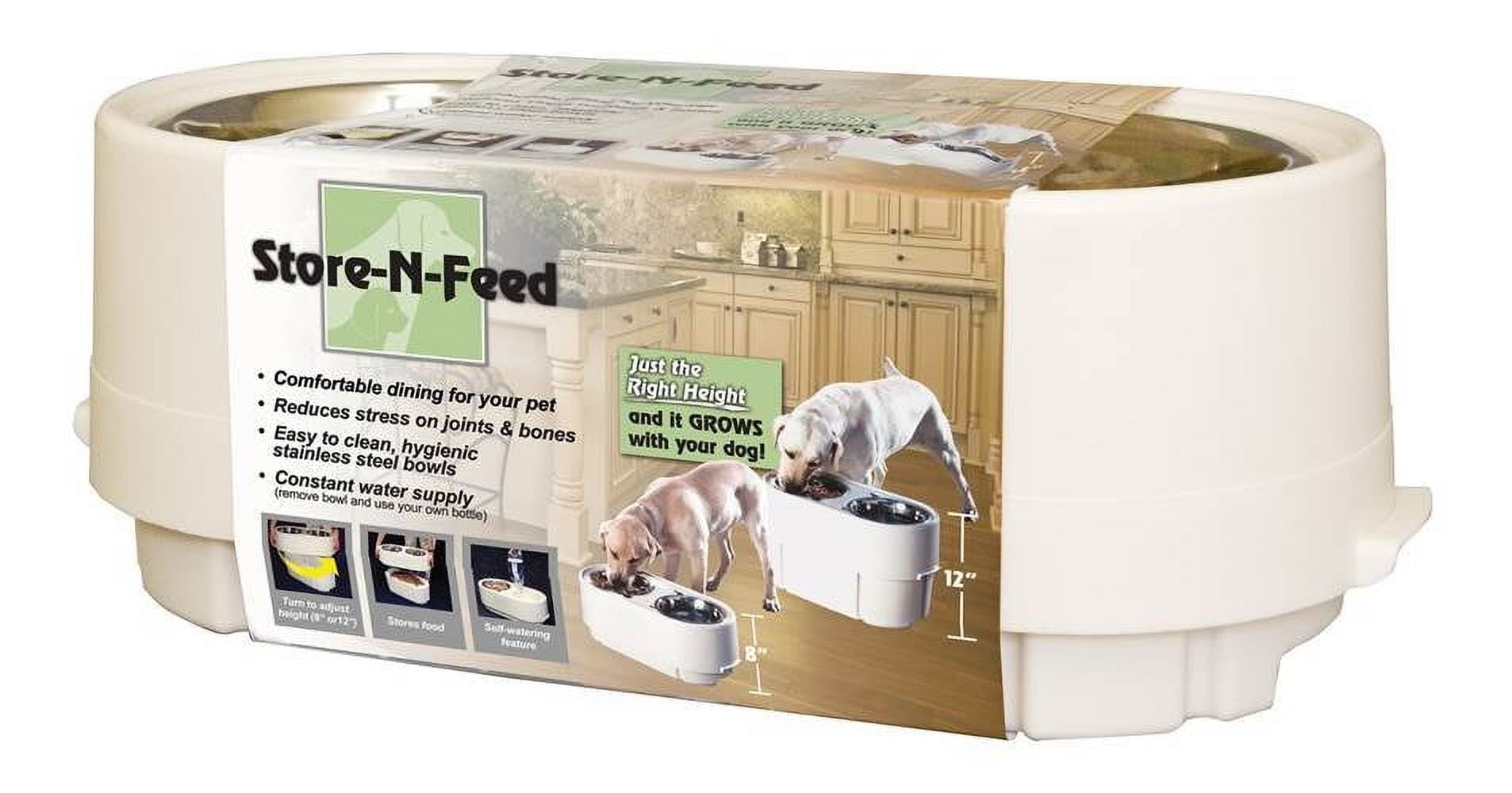MYOYAY Dog Feeder Station Dog Food Storage Cabinet Pet Food Storage  Container with Dog Raised Bowls and Hanger for Feeding & Watering Supplies  White