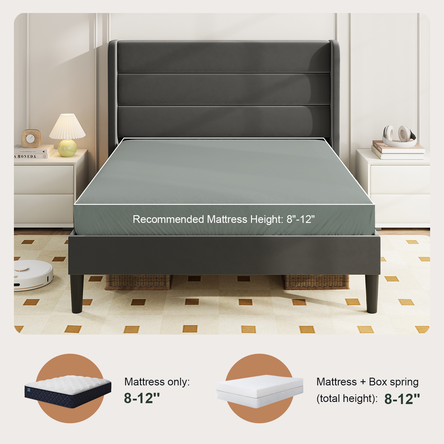 Amolife Full Size Platform Bed Frame with Velvet Upholstered Wingback Headboard, No Box Spring Needed, Light Gray