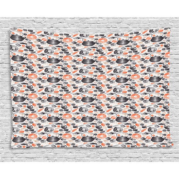 Sushi Tapestry, Authentic Asian Dishes Pattern with Shrimps Sushi Rolls and Wasabi Print, Wall Hanging for Bedroom Living Room Dorm Decor, 80W X 60L Inches, Black Salmon Beige, by Ambesonne