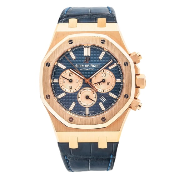 Pre-Owned Audemars Piguet Royal Oak Chronograph Selfwinding 41MM 26240OR.OO.D315CR.01 50th Anniversary Blue Dial Rose Gold Bezel Black Alligator Leather Strap