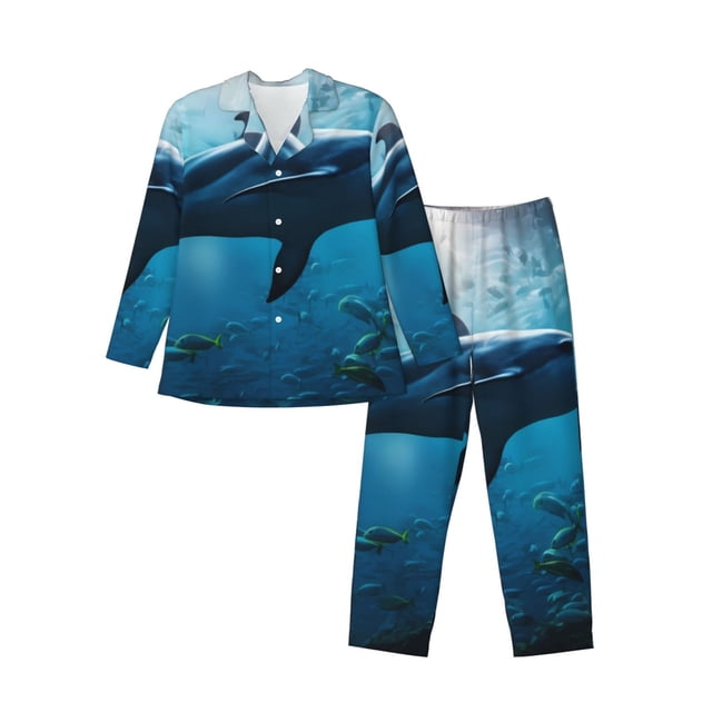 Balery Ocean Dolphin Fish School Pijama para Hombre de Dos Piezas con Manga Larga, Conjunto de Dormir y Descanso Suave con Bolsillos-Medium