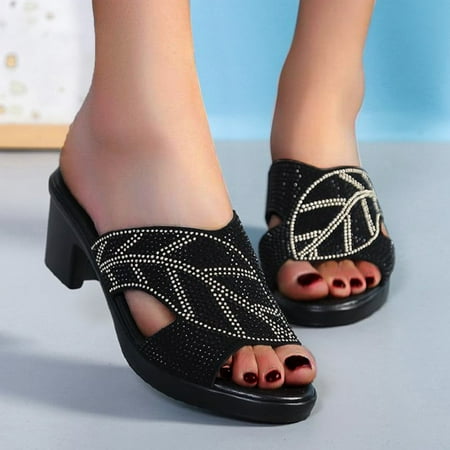 

Women S Slippers Fashion Women S Casual Shoes Diamond Slip-On Chunky Heels Leisure Slippers Shoes For Women Pu Black 38