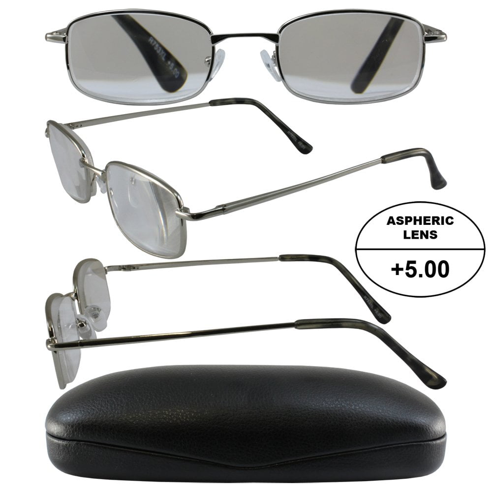 Men's HighPowered Reading Glasses Silver Frame and Black Case +5.00