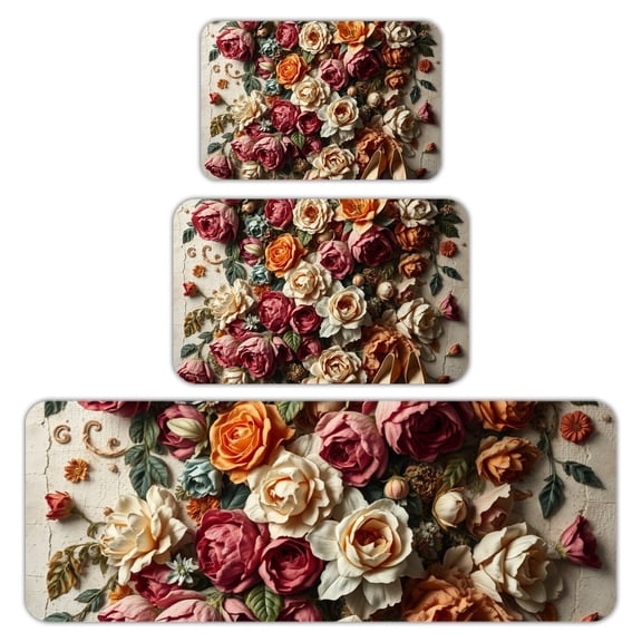 RKSupls Kitchen Rug Set 3 Piece Anti-Slip Flannel Floor Mats, Roses High Heels Washable Absorbent Runner Mats for Kitchen Bathroom Home Decor