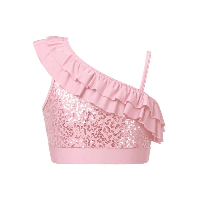 TiaoBug Kids Girls Asymmetrical Ruffled Sequin Performance Crop Tops Modern Jazz Hip Hop One Shoulder Dance Top Pink 8