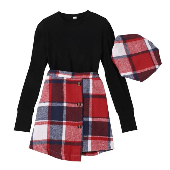 LUOGENLI Girl Summer Outfits Size 14 Summer Kids Girls Winter Long Sleeve Red Plaid Ribbed Tops Skirt Hat 3pcs Outfits Clothes Set Girls Summer Outfits Size 8-9 8-9 Years