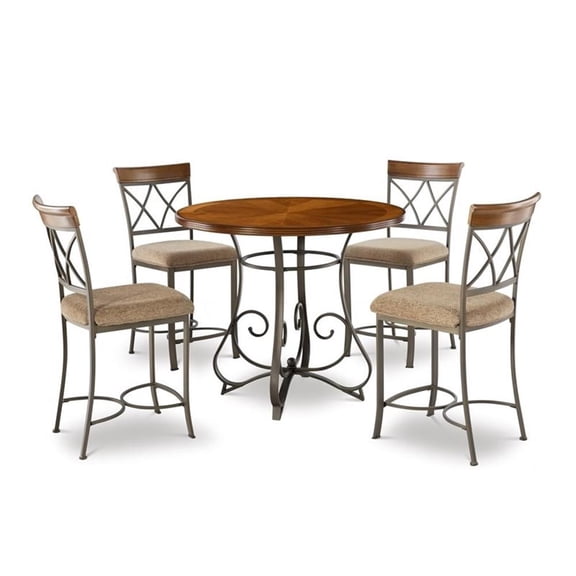 Pemberly Row Farmhouse Five Piece Wood and Metal Dining Set in Pewter and Cherry