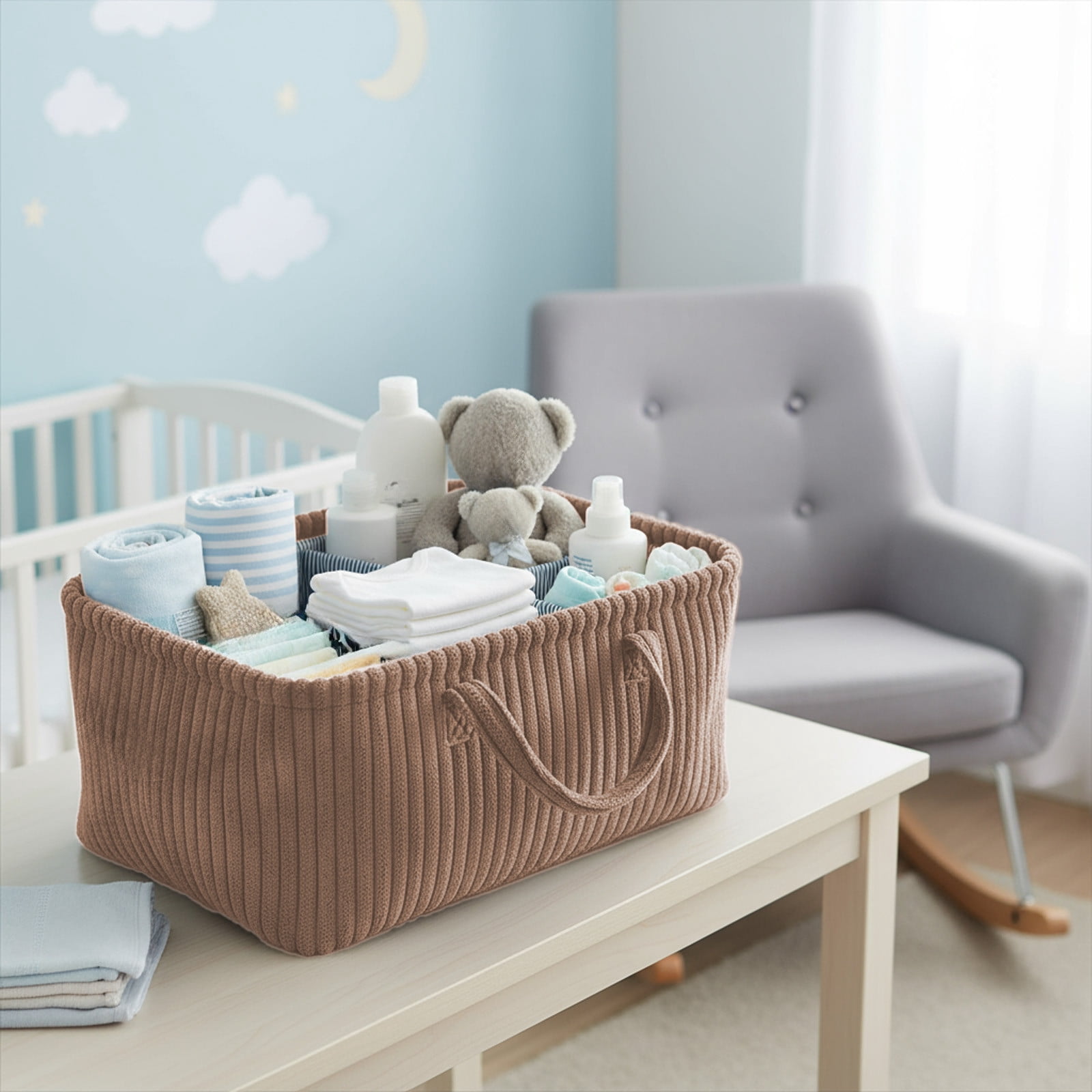 Baby Diaper Caddy Organizer for Changing Table – Stylish Nursery Storage Basket, Newborn Essentials, Baby Shower Gifts and Registry Must-Haves for Boy or Girl, Car Diaper Caddy, Corduroy