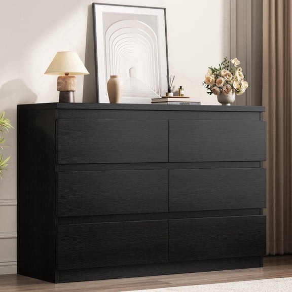 Hijob 6-Drawer Dresser, Modern Dresser 47.3" Wide Sturdy Simply Chest of Drawers, Handle-Free Storage Organizer and Deep Drawers for Bedroom Living Room Entryway, Black