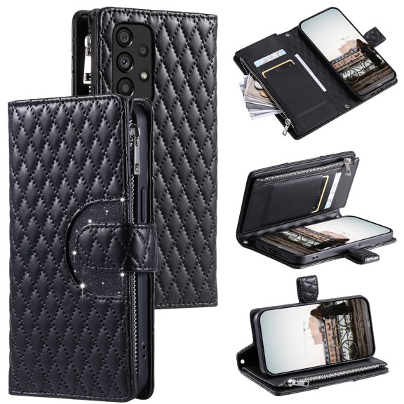 for Samsung Galaxy A32 5G Wallet Case, Classic PU Leather Phone Case for Women Men with Zipper Credit Card Holder Wrist Strap Crossbody Strap Shockproof Flip Case for A32 5G, Black