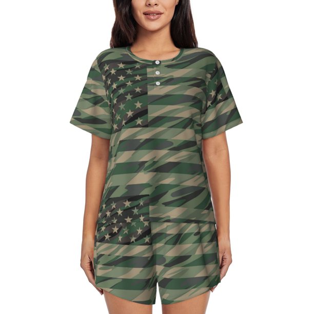 Fotbe Jungle Green Camo USA Flag Conjunto de Pijama Estampado para Mujer, 2 Piezas, Ropa de Dormir con Camiseta de Manga Corta y Shorts Suaves-Large