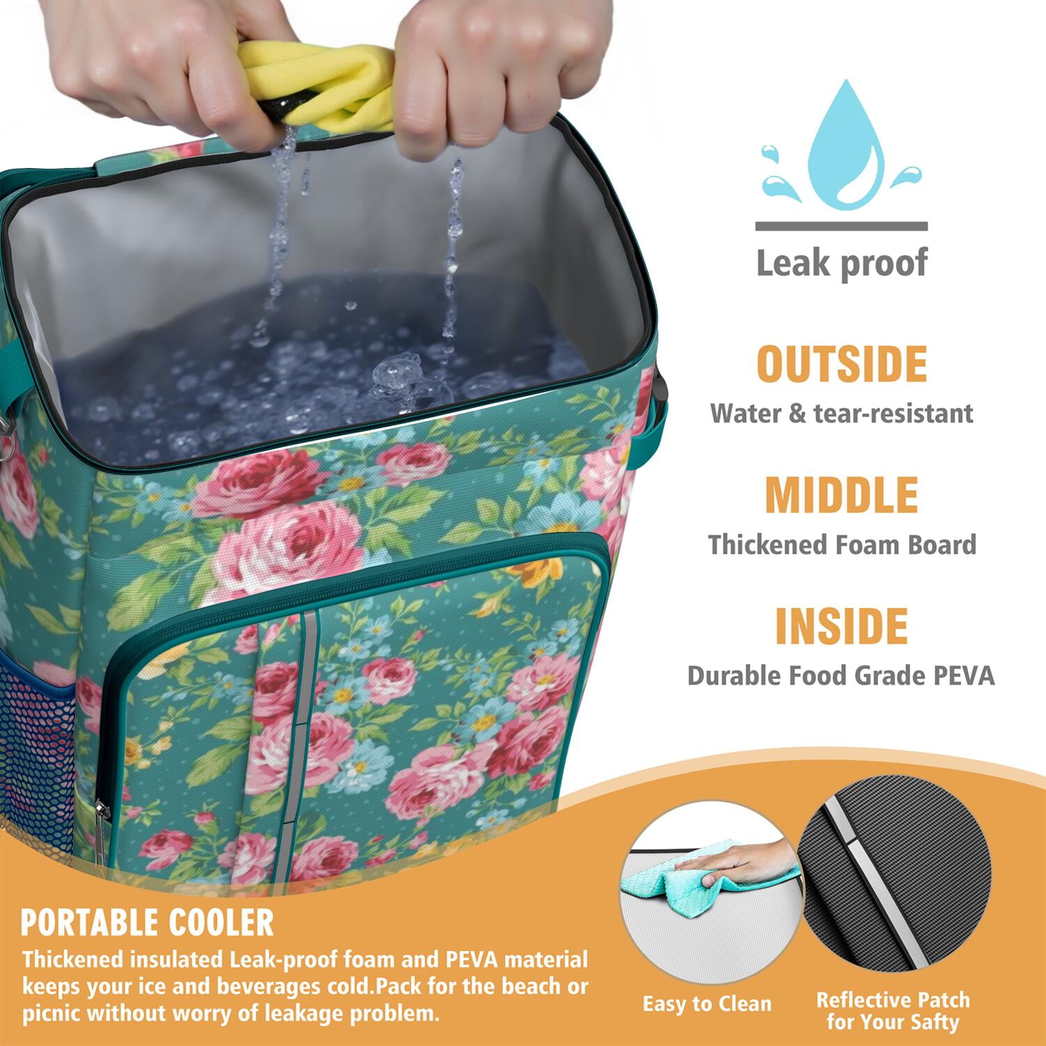 Travel Cooler Bag - Pioneer Flower Floral Print Pattern Camping Beer Cooler Backpack with Bottle Opener- Waterproof Insulated Picnic Backpacks - Cooler Bag for Beach