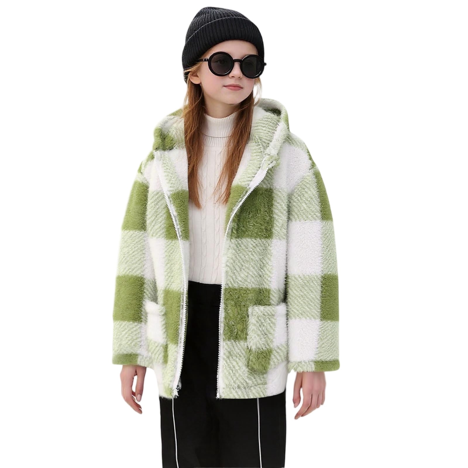 Xdegoge Girls Fleece Sherpa Jacket Plaid Fuzzy Zip Up Long Sleeve Hoodie Teen Thermal Loose Cozy Hooded Coats Tween 2025 Winter Thick Warm Outerwear With Pockets Age 8-14 Years