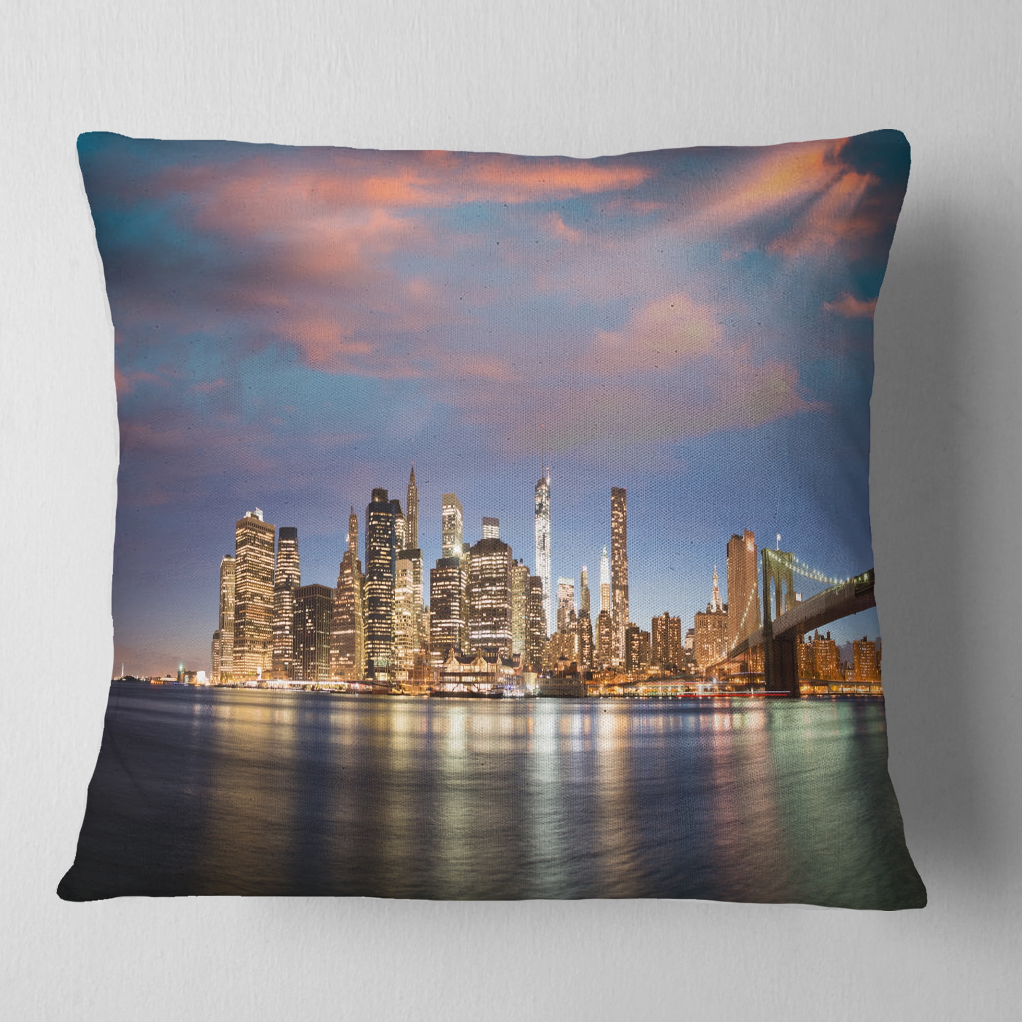 Designart Manhattan at Nighttime - Cityscape Photography Throw Pillow - 16x16