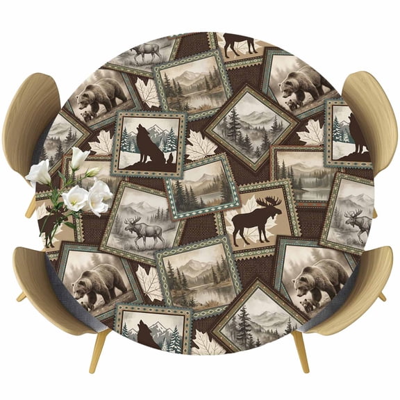 Round Table Cover 36-44 Inch Moose Bear Icons Waterproof Reusable Table Cloth Round Fitted Vinyl Tablecloth with Elastic Edged for Parties Outdoors, Rustic Vintage Brown Forest Scenic Frames
