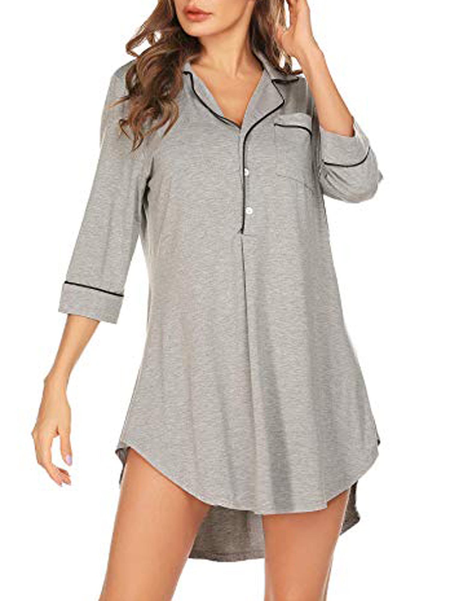 Women Nightshirt Long Sleeve Cotton Sleep Shirt Button Down Nightie Sleepwear M-XXL