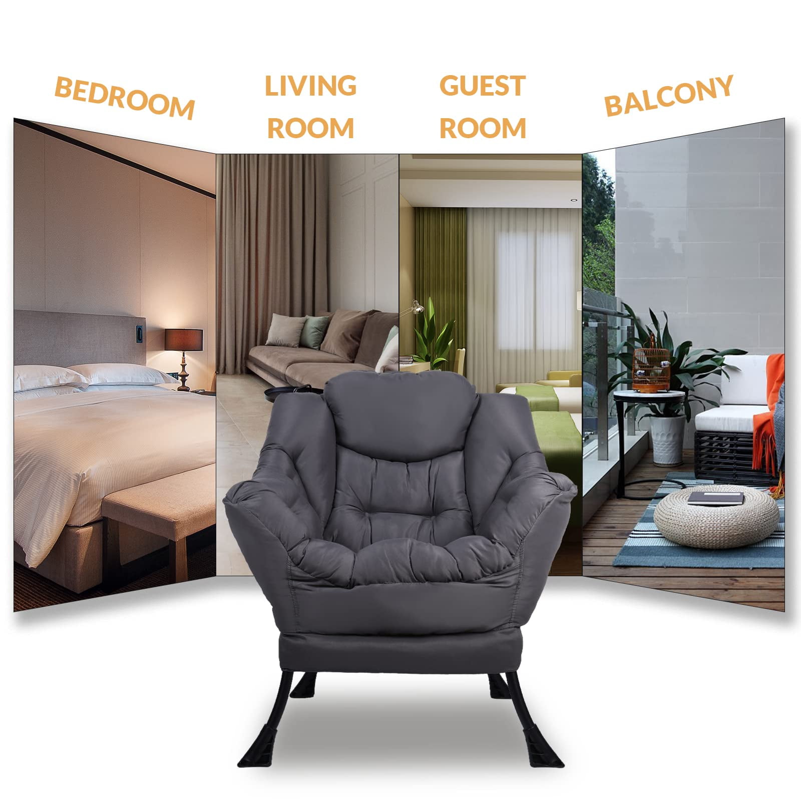W WARMHOL Modern Velvet Lazy Chair with Side Pocket, Reclining Armchair, Steel Frame, Grey