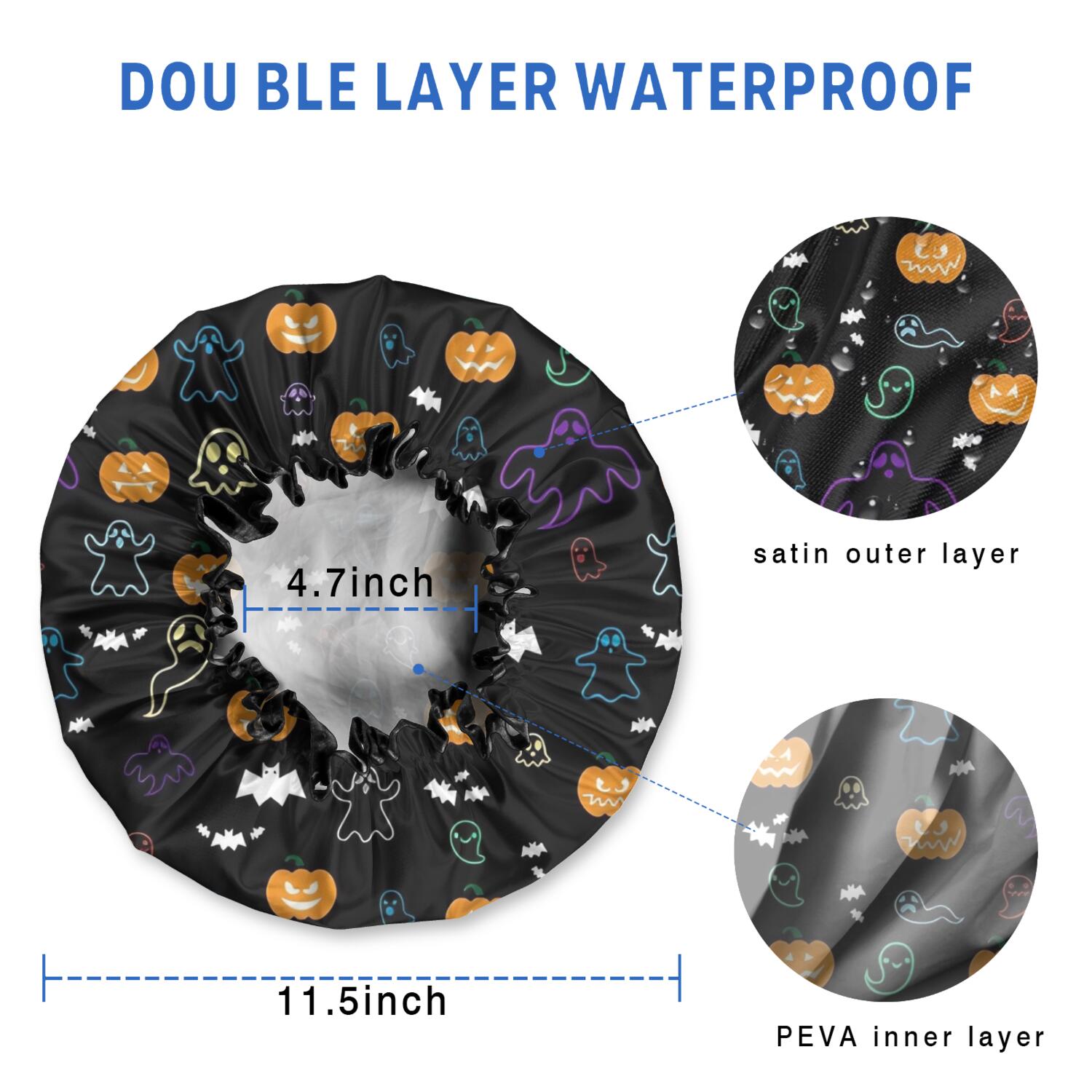 Shower Caps,Halloween Black Colorful Ghosts and Pumpkins Waterproof Shower Cap for Women 4 Pieces,Double Reusable Hair Cover for Shower PEVA Elastic Stretch Hem