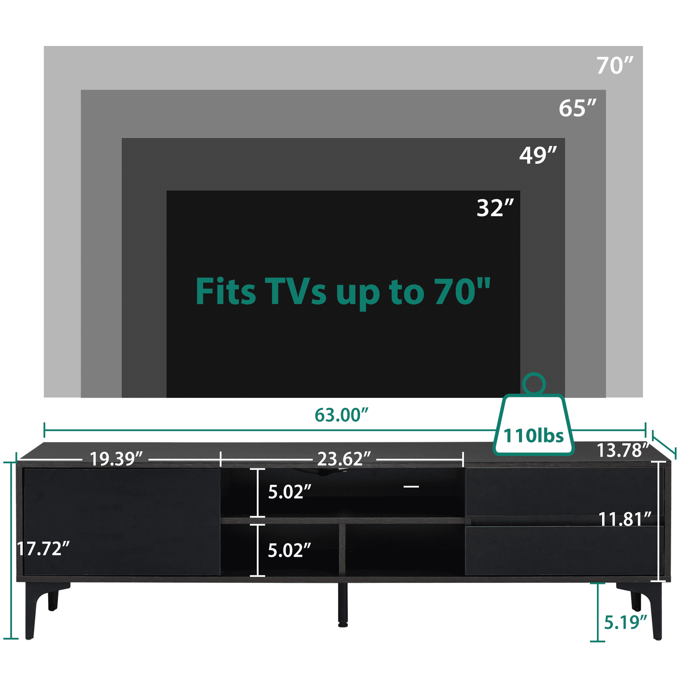 SESSLIFE TV Stand for 70 Inch TV, TV Console Table with RGB LED Lights, Modern Wood Entertainment Center with Cabinet and Drawers, TV Cabinet for Living Room, Bedroom, Black