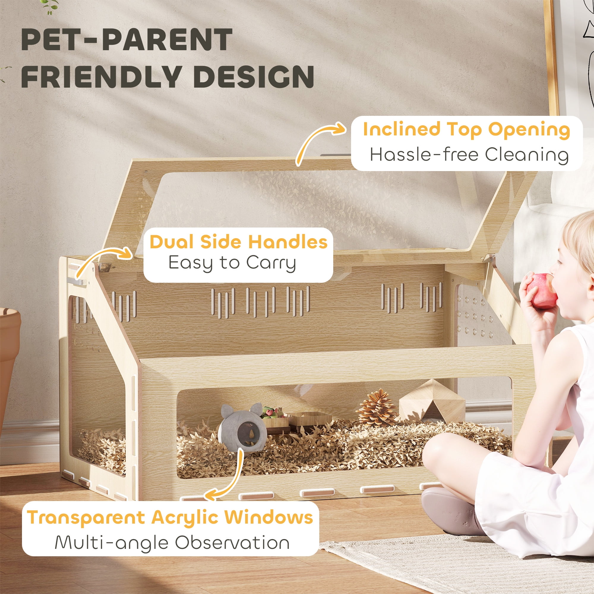 PawHut Hamster Cage Habitat with Acrylic Window & Openable Top, Small Animal Cage for Gerbil, Guinea Pig, Rat, 39" x 23" x 20", Oak