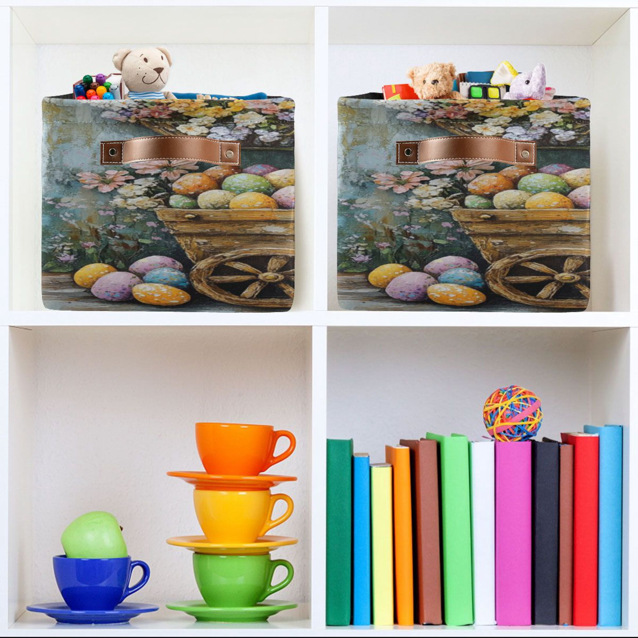 Square Storage Basket 14.2*10.2*8.3 Inch One Sizex2 Shelf Basket Open Home Storage Bins Bedroom Storage Basket Closet Storage Stylish Decor Easter Painting Bunny