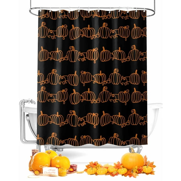 Fall Shower Curtain OrangePumpkin Bathroom Curtains with Hooks, Waterproof Fabric Autumn Leaves Lines Black Thanksgiving Bath Shower Curtains Set for Bathroom Bathtubs Decor 36x72 Inch
