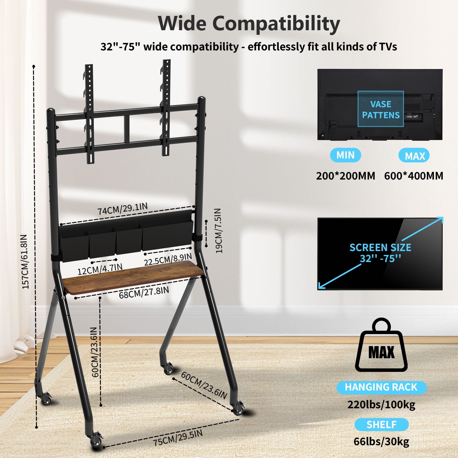 Hellsehen Mobile TV Stand for 32" to 75"  Screens 220 lbs Height Adjustable Modern Black