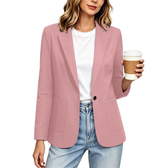 Cmfcve Blazer for Women Long Sleeve Business Casual Suit Jacket Notch Lapel Button Blazer Padded Shoulders