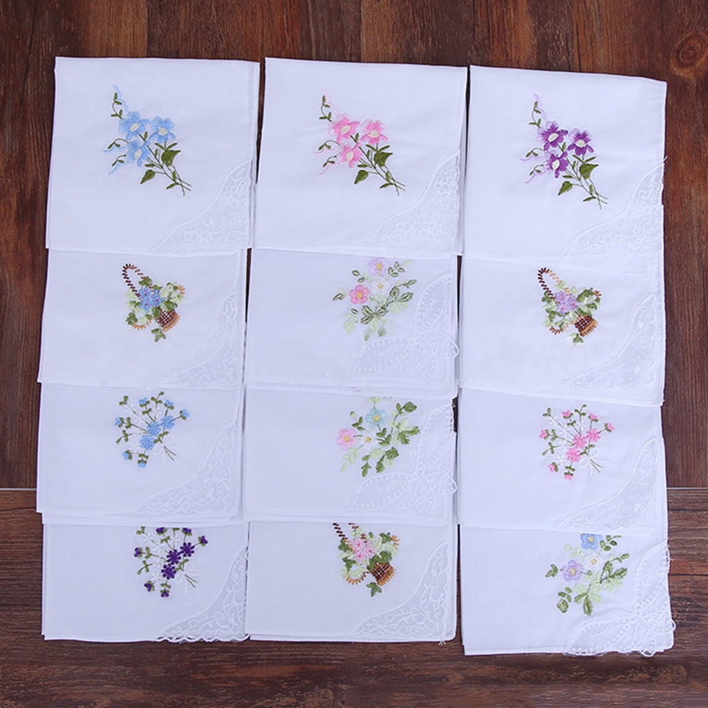 100Pcs Women Lady Vintage Cotton Embroidered Flower Lace Hankies Floral Assorted 