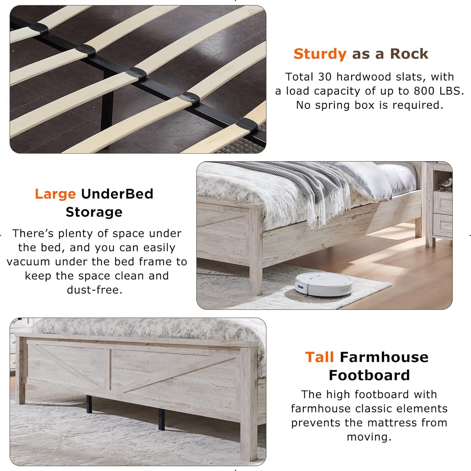 OKD Modern Farmhouse King Platform Bed with Bookcase Headboard Storage and Charging Station, No Box Spring Needed, Antique Brush White