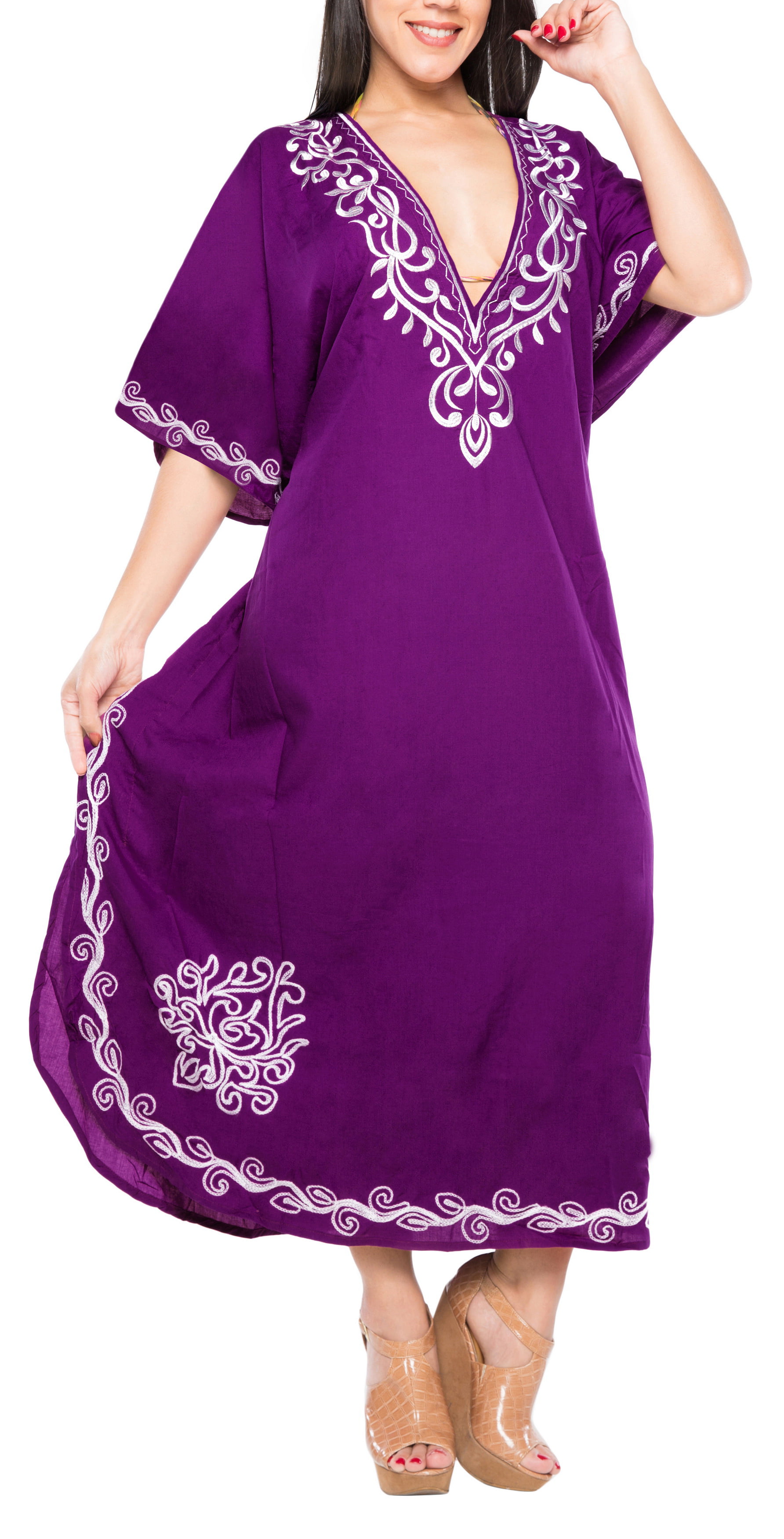 LA LEELA Women's Plus Size Kaftan Elegant Dress Cover Up US 16-32W Violet_N660