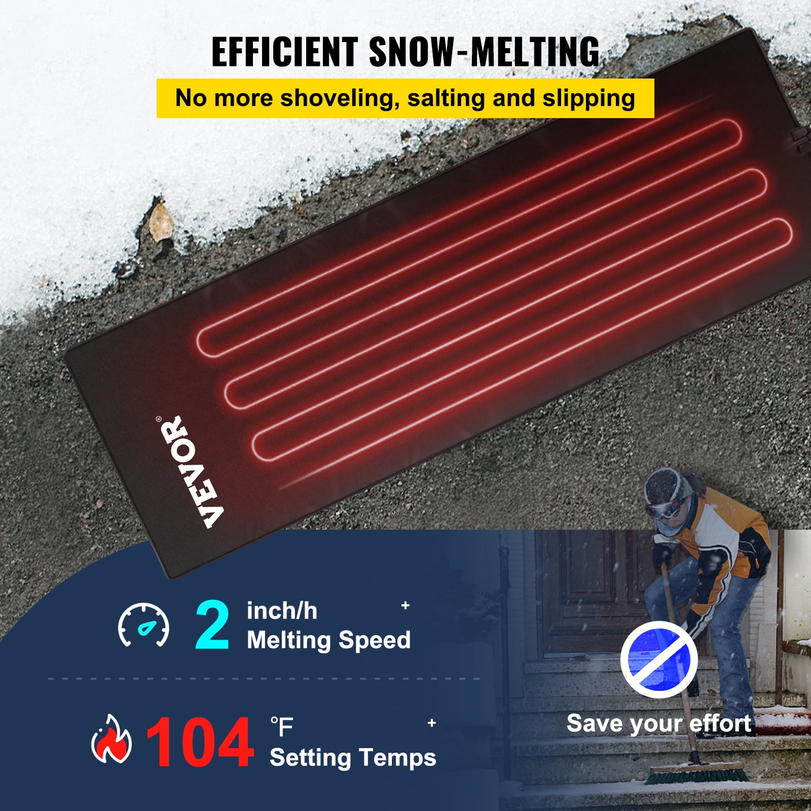 VEVOR Snow Melting Mat 2'' per Hour Melting Speed 120V Snow and Ice Melting Mat Ideal Winter Outdoor Snow Mat PVC Heated Mat with 6ft Power Cord 11in x 15ft Heated Walkway Mat Slip-Proof 